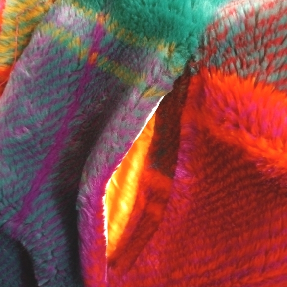 Vintage 70s Donneybrook Bright Plaid Faux Fur Shawl Collar Coat - Picture 9 of 11